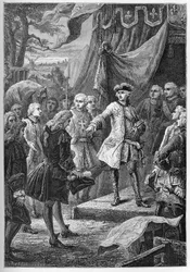 Wojna o sukcesję austriacką (1740-1748) - Ambasadorowie Zjednoczonych Prowincji prezentują się przed Ludwikiem XV w 1747 - Wojna o sukcesję austriacką (1740-48) - Ludwik XV, król Francji i ambasador Holandii - rycina od ""