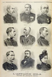 Afera Zoli: portrety głównych świadków, ilustracja z ilustrowanego dodatku Le Petit Journal, 27.02.1898 (lito)