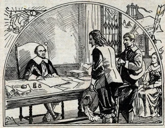 Biuro adresowe Teofrasty Renaudota (1586-1653), francuskiego lekarza i dziennikarza, założyciela Gazette de France. Anonimowy grawer z 1930 roku.