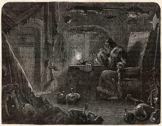 Alchemik, który obiecał zrobić złoto, pracuje w swoim laboratorium: Alchemik w XVII wieku - w „Paris a travers les cules” Nicolasa Julesa Henri Gourdona de Kennouillaca (1826-1898)