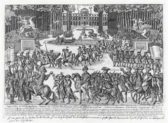 Przybycie do Tuileries Mehmeda Celebi Efendi, ambasadora tureckiego sułtana Ahmeda III na przyjęcie Ludwika XV w 1721 r. (rycina)