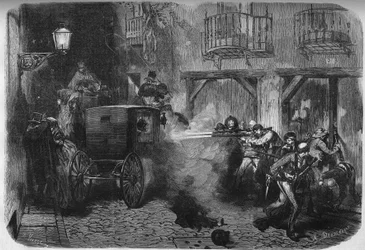 Zamach na Juana Prima y Pratsa (1814-1870), hiszpańskiego generała i polityka, podczas jego wyjścia z Kortezów, na Calle del Turco w Madrycie 28 grudnia 1870. Rycina w „Le Monde Illustré“ nr 724 z 25 lutego 1871.