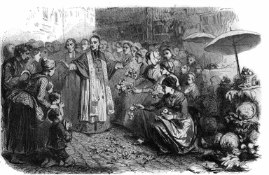 Cholera w Rzymie: Papież Grzegorz XVI (1765-1846) nakazał procesje, ceremonie i błogosławieństwa, aby powstrzymać marsz cholery. Grawer w „Histoire des Papes-Rois-Queen and Empereurs a travers les Century” Maurice Lachatre