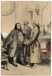 Kompozytor Joseph Haydn przyjął mężczyznę, który przyszedł prosić go o skomponowanie menu na wesele córki. Talerz zaczerpnięty z graweru „”Sceny de la vie des hommes słynne””” w dwóch odcieniach autorstwa Valerio. 1843.