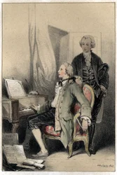Kompozytor Wolfgang Amadeus Mozart (1756-1791) komponuje Requiem. Talerz zaczerpnięty z graweru „”Sceny de la vie des hommes słynne””” w dwóch odcieniach autorstwa Valerio. 1843.