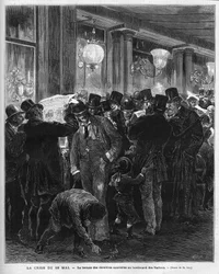 Kryzys 16 maja 1877 r.: czytanie najnowszych wiadomości na bulwarze Włochów w Paryżu. Ten francuski kryzys polityczny jest wynikiem listu Mac Mahona (Mac-Mahon) krytykującego postawę przewodniczącego Rady Julesa Simona, który ostatecznie
