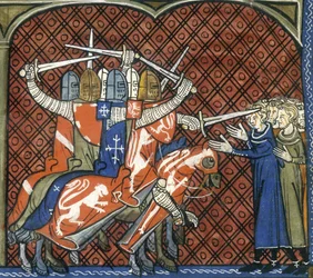 Krucjata przeciwko albigensom, ok. 1325-1350 r. Żołnierze na koniach z mieczami atakują grupę albigensów. Papież Innocenty III głosił świętą wojnę przeciwko chrześcijanom-albigensom, obawiając się szerzenia ich wierzeń. W 1209 roku nakazał