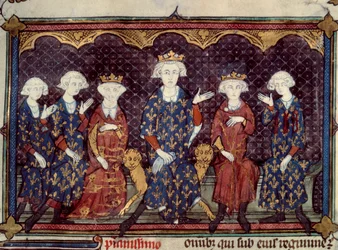 Przeklęci królowie: Filip IV Piękny (1268 - 1314) otacza swoją córkę Izabelę (Królową Anglii) i trzech synów Ludwika (Króla Ludwika X), Karola (Króla Karola IV), Filipa (Króla Filipa V) i jego brata Charles de Valois - Miniatura z La