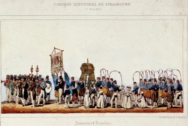 Taniec piwowarów i bednarzy podczas konduktu przemysłowego w Strasburgu 25.06.1840. Litografia Szymona