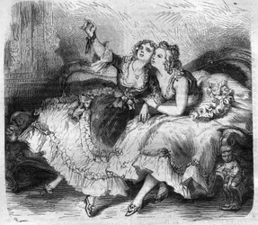 Córki „haremu” króla Francji Ludwika XV dit le Bien-Aime (Bien Aime) (1710-1774). Grawer w „Historii papieży-królów-królowych i cesarzy na przestrzeni wieków” autorstwa Maurice Lachatre