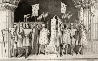 Martwe niemowlę Jean I (1316) pośmiertnie ogłosił królem na swoim pogrzebie, z „Histoire de France” Colarta, wydanej ok. 1840 r.