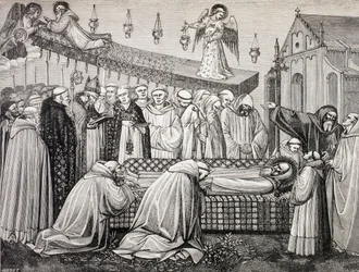 Śmierć św. Benedykta z Nursji w opactwie Monte Cassino, z książki "Military and Religious Life in the Middle Ages" autorstwa Paula Lacroix, wydanej w Londynie ok. 1880 r.