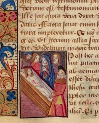 Złożenie Chrystusa do grobu, miniatura z Księgi Godzin (Użycie Poitiers), rękopis łaciński i francuski zilustrowany przez ucznia Robineta Testarda, rękopis 1097 folio 80 verso, Francja koniec XV wieku.