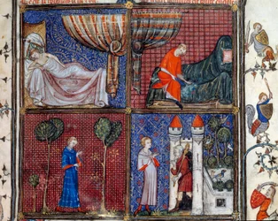 Sen: Śpiący Kochanek, ubierający się, szyjący koszulę i Przed Domem Przyjemności. Miniatura w „”Roman de la rose”” Jean de Meun, Jean de Meung lub Jean Chopinel, Jean Clopinel (v.1240-1305), ok. 1370. Chantilly, Musee Conde