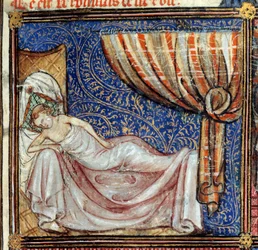 Sen, szczegóły: Śpiący kochanek. Miniatura w "Le Roman de la rose" autorstwa Jean de Meun, Jean de Meung lub Jean Chopinel, Jean Clopinel (v.1240-1305), ok. 1370. Chantilly, Musee Conde