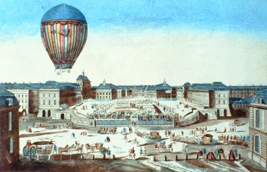 Pierwszy lot balonu na ogrzane powietrze Pilatre du Roziers, nazwany na cześć jego sponsora, M. Montgolfiera, w Wersalu 23 czerwca 1784 r.