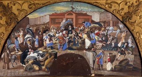 Aukcja ryb w Halles w Paryżu Scena spacerowa. Wystrój na wydarzenie Szkoły Francuskiej. XVII-wieczny Paryż, Musee Carnavalet