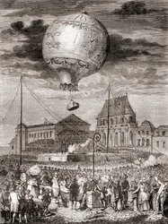 Lot Aérostat Réveillon 19 września 1783 przez braci Montgolfier w Wersalu we Francji, przed królem Francji Ludwikiem XVI i królową Marią Antoniną, z Les Merveilles de la Science, opublikowany ok. 1870 (rycina)