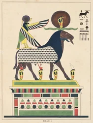 Bóg Amon-Ra, ilustracja z egipskiego Panteonu: zbiór mitologicznych postaci ze starożytnego Egiptu autorstwa Jean-Francois Champollion, wydany ok. 1986 r.
