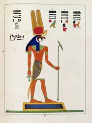 Bóg Mandou, ilustracja z Panteonu w Egipcie: zbiór mitologicznych postaci ze starożytnego Egiptu autorstwa Jean-Francois Champollion, wydany ok. 1986 r.