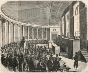 Wielki amfiteatr podczas konkursu na wydziale prawa w Paryżu - Grawerowanie w „Tableau-de-Paris” Edmonda Texiera 1852