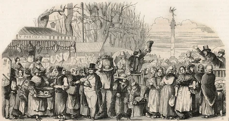 Targi szynki na Boulevard Bourdon w Paryżu - Grawerowanie w „Tableau-de-Paris” autorstwa Edmonda Texiera 1852