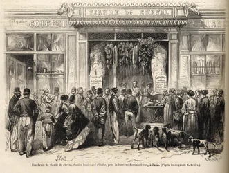Zakład mięsny koni przy Barriere de Fontainebleau (Paryż) otwarty w 1866 roku - Butcherie chevaline - Boucherie Meat de Cheval Boulevard Włochy w pobliżu Barriere de Fontainebleau 1866) Grawerowanie w „Le monde illustrious” z 1866