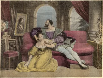 Król Francji Franciszek I (1494-1547) i piękne okucie. Litografia Daveria z 1838 roku w „Laughs Et Galanterie”. Tygodniowy zbiór obrazów Galantes w reżyserii Johna Grand-Cartereta. 1903-1904.
