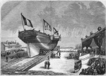 Wystrzelenie liniowca Quirinal na La Seyne w 1857 roku (Compagnie des Messageries Maritimes). Grawerowanie z 1857 roku.