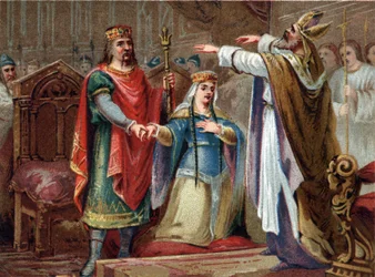 Małżeństwo Chlodwiga (481-511) króla franków z Klotyldą w 493 r. Chromolitografia z końca XIX wieku.