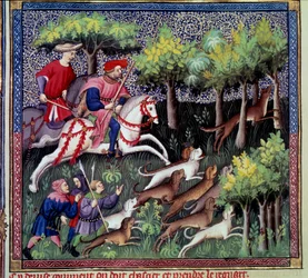 Miniaturowe polowanie na lisa z „Księgi łowów” Gastona III Phoebusa, hrabiego Foix, Lorda Bearn (1331-1391)