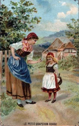 Matka Czerwonego Kapturka ostrzega ją przed wilkiem Ilustracja do bajki „Czerwony Kapturek” Charlesa Perraulta (1628-1703) „” Matka Czerwonego Kapturka ostrzega ją przed wilkiem”” ” Ilustracja z „” Litt