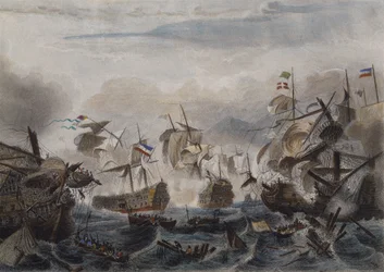 Bitwa morska pod Cape La Hogue w 1692 r., grawerowana przez Chavanne (kolorowa akwaforta)