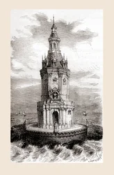 Oryginalna XVII-wieczna latarnia morska w Cordouan, w pobliżu ujścia ujścia Gironde we Francji, z „Les Merveilles de la Science”, opublikowana ok. 1870 r. (rycina)