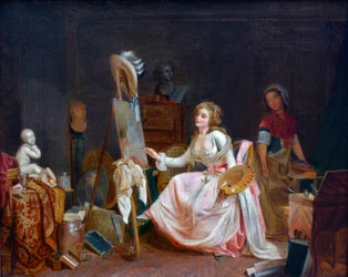 O estúdio do pintor. Jovem mulher pintando um quadro polonês