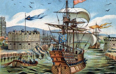 Port Le Havre w 1520 r. Chromolitografia około 1890 r.