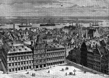 Rzeka Scheldt widziana z portu w Antwerpii w Belgii. Grawerowanie w „Le Journal de la jeunesse””
