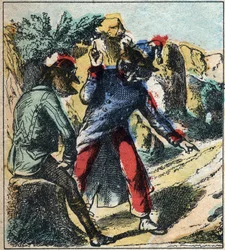 Chory lew i lis. Bajki Jean de La Fontaine (1621-95). Obrazowanie epinal z końca XIX wieku.
