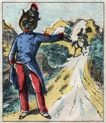 Chory lew i lis. Bajki Jean de La Fontaine (1621-95). Obrazowanie epinal z końca XIX wieku.