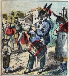 Chory lew i lis. Bajki Jean de La Fontaine (1621-95). Obrazowanie epinal z końca XIX wieku.