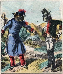 Chory lew i lis. Bajki Jean de La Fontaine (1621-95). Obrazowanie epinal z końca XIX wieku.