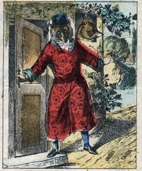 Chory lew i lis. Bajki Jean de La Fontaine (1621-95). Obrazowanie epinal z końca XIX wieku.