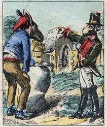 Chory lew i lis. Bajki Jean de La Fontaine (1621-95). Obrazowanie epinal z końca XIX wieku.