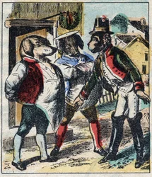 Chory lew i lis. Bajki Jean de La Fontaine (1621-95). Obrazowanie epinal z końca XIX wieku.