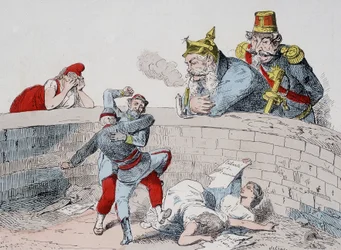 Sytuacja - Gauillaume: Musimy pomóc szalonym ludziom, Badingue (Napoleon III): Niech zrobią to mój bracie, nadejdzie czas na interwencję, kiedy oni (Paryżanie) pożrą samych siebie. Karykatura o Gminie.