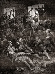 Cierpienie i śmierć angielskich więźniów z powodu złej wentylacji w Czarnej Dziurze w Kalkucie, małym lochu w starym Forcie William w Kalkucie w Indiach, gdzie wojska nawaba Bengalu, Siraja ud-Daulaha, przetrzymywały brytyjskich jeńców wojennych po c