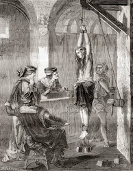 Tortury kobiety oskarżonej o czary w średniowieczu, z Les Merveilles de la Science, opublikowane ok. 1870