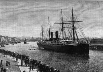 Transatlantyk „La Gascogne” w porcie Le Havre w 1887 r. Grawerowanie w znakomitym czasopiśmie „La jeunesse”