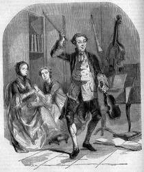 Skrzypek i kompozytor Jean Philippe (Jean-Philippe) Rameau (1683-1764) komponował w otoczeniu członków swojej rodziny. Grawerowanie przez Andrieux