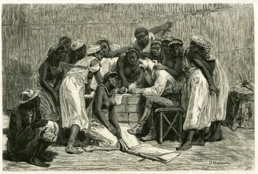 Wizyta królowych, szesnastu żon króla Seppopo, w loży doktora Holuba. Grawer D.Maillarda, ilustrujący historię „Au pays des Marutses””, w latach 1875-1879, autorstwa dr. Emile Holuba (1847-1902). Opublikowane w Tour du monde, 2. semestr 1883, pod red.